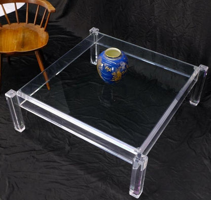 Mid Century Modern Thick Polished Lucite Base Glass Top Square Coffee Table