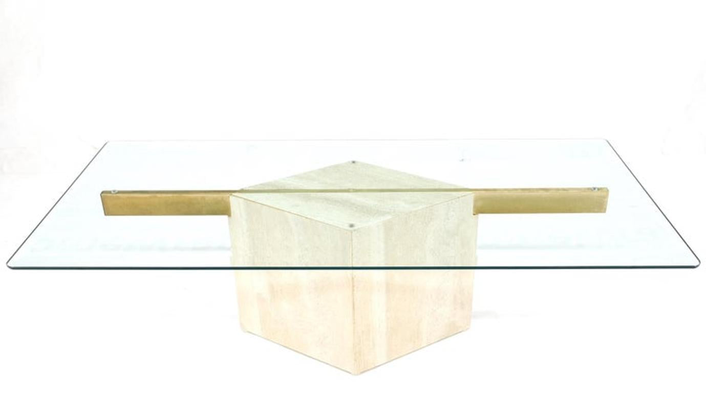 Diamond Shape Pedestal Travertine Base Glass Top Rectangle Coffee Table Mint