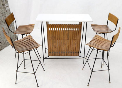 Arthur Umanoff Set of 4 Rattan Wrought Iron Bar Stools with Matching Bar