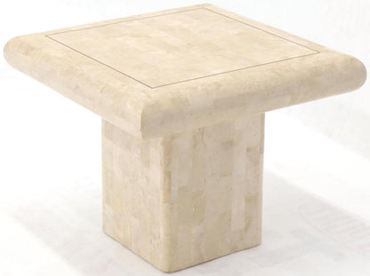 Pair of Square Tessellated Stone Veneer Brass Inlay End Tables Stands