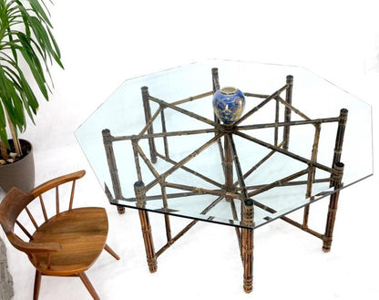 Very Large Octagonal Glass Top Leather Strapped Bamboo McGuire Dining Table