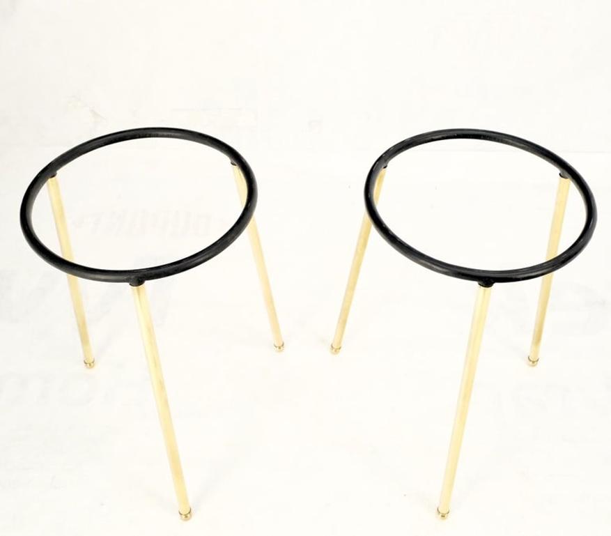 Pair Round Rouge Marble Top Tri Legged Brass Base Mid-Century Modern End Tables