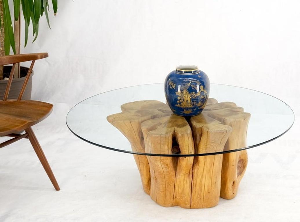 Large Pedestal Natural Blond Wood Tree Stump Base Round Glass Top Coffee Table