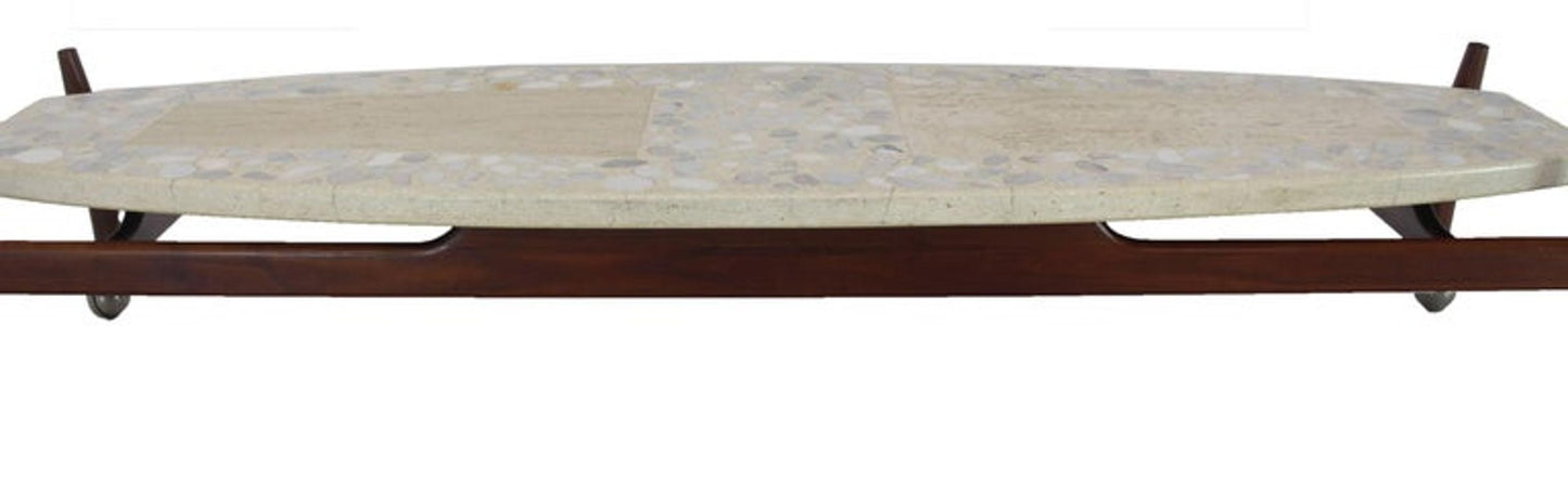 Long Surf Board Boat Shape Terrazzo Top Oiled Walnut Base Floating Top