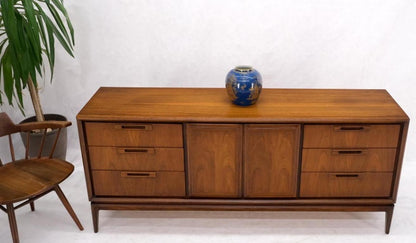 Long Walnut Mid-Century Modern 9 Drawers Credenza Dresser Double Door Cabinet