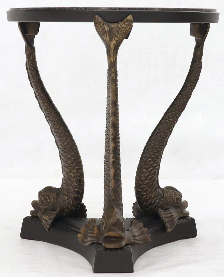 Bronze Triple Dolphins Base Granite Top Round Side End Table Pedestal