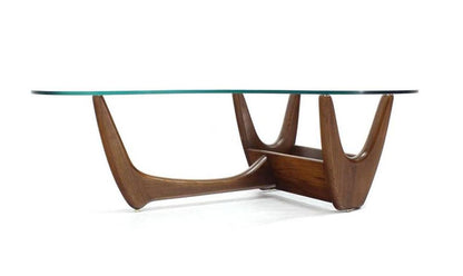 Organic Kidney Shape Glass Top Walnut Coffee Table w/ Planter