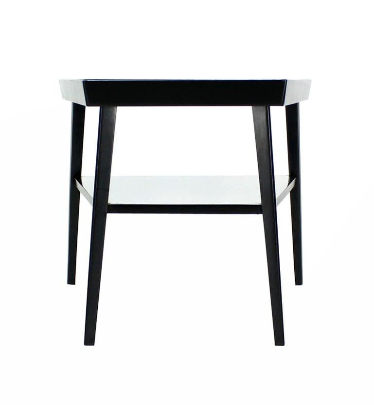 Pair of Black Lacquer Trapezoid Shape Two Tier End Side Tables Stands