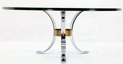 Heavy Thick 3/4" Glass Round Top Chrome & Brass Tripod Base Coffee Table