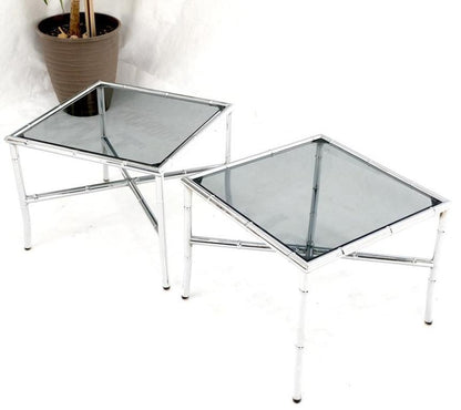 Pair of Chrome Metal Faux Bamboo x Base Smoked Glass End Side Tables