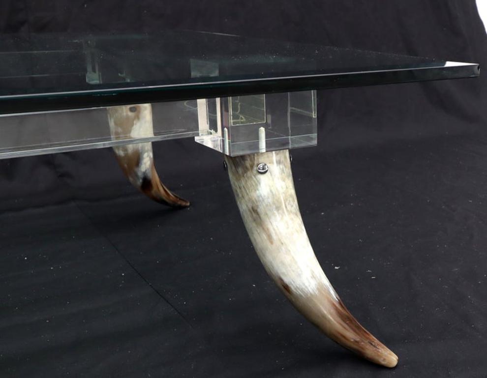 Bull Horns Shaped to Legs Lucite Stretchers Base Square Glass Top Coffee Table