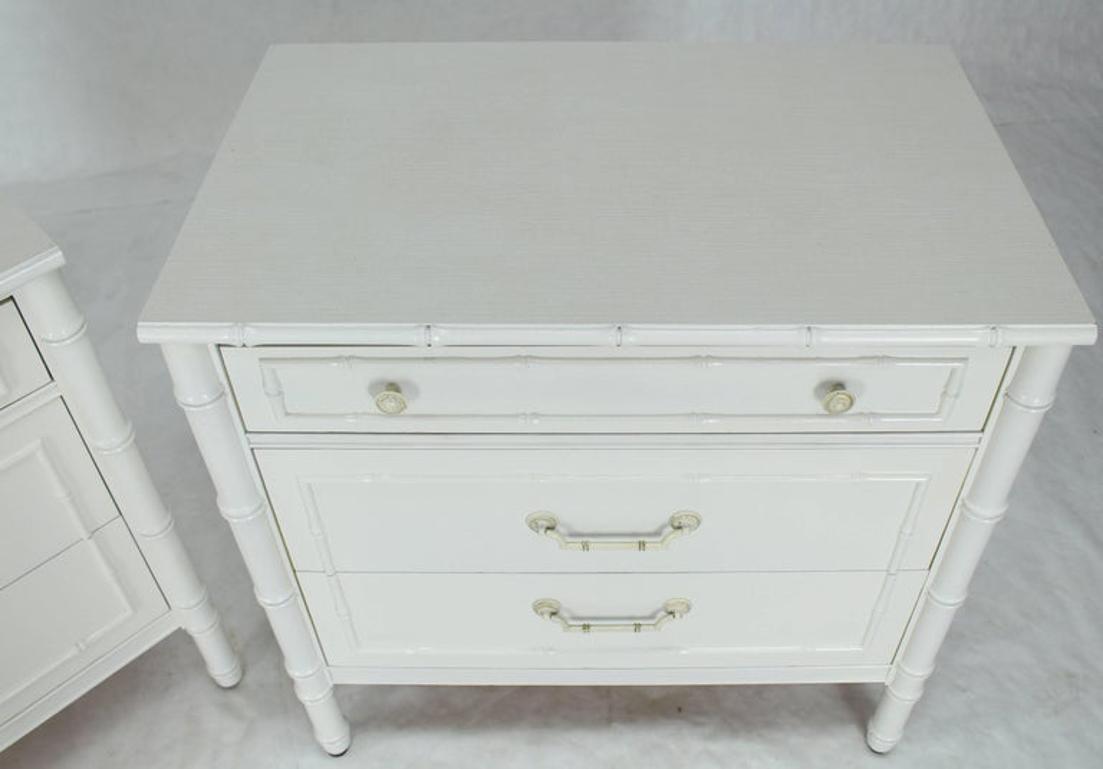 Pair of White Lacquer Faux Bamboo Large Nightstands Three-Drawer Bachelor Chests