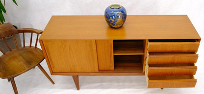 Danish Mid-Century Modern Teak Low 4 Drawers Sliding Doors Compartment Credenza