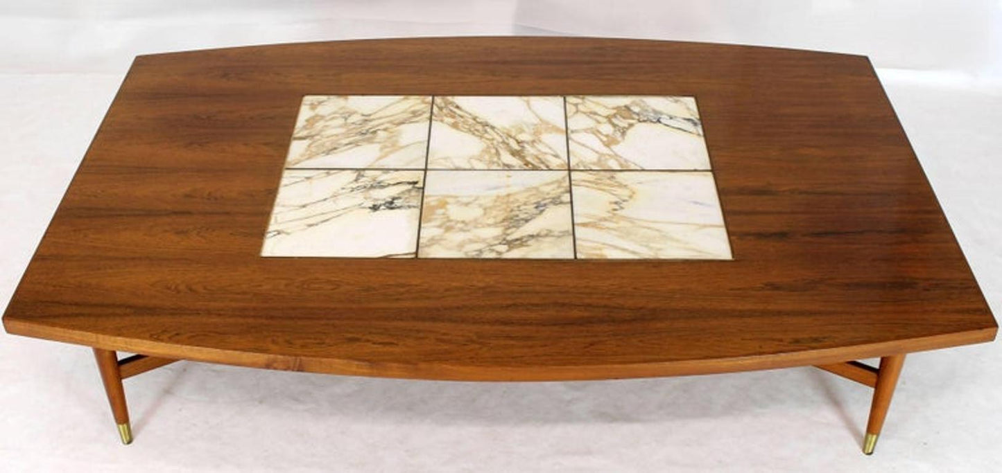 Large Oversize Boat Shape Rosewood & Walnut Coffee Table Brass Inlay Marble Tile