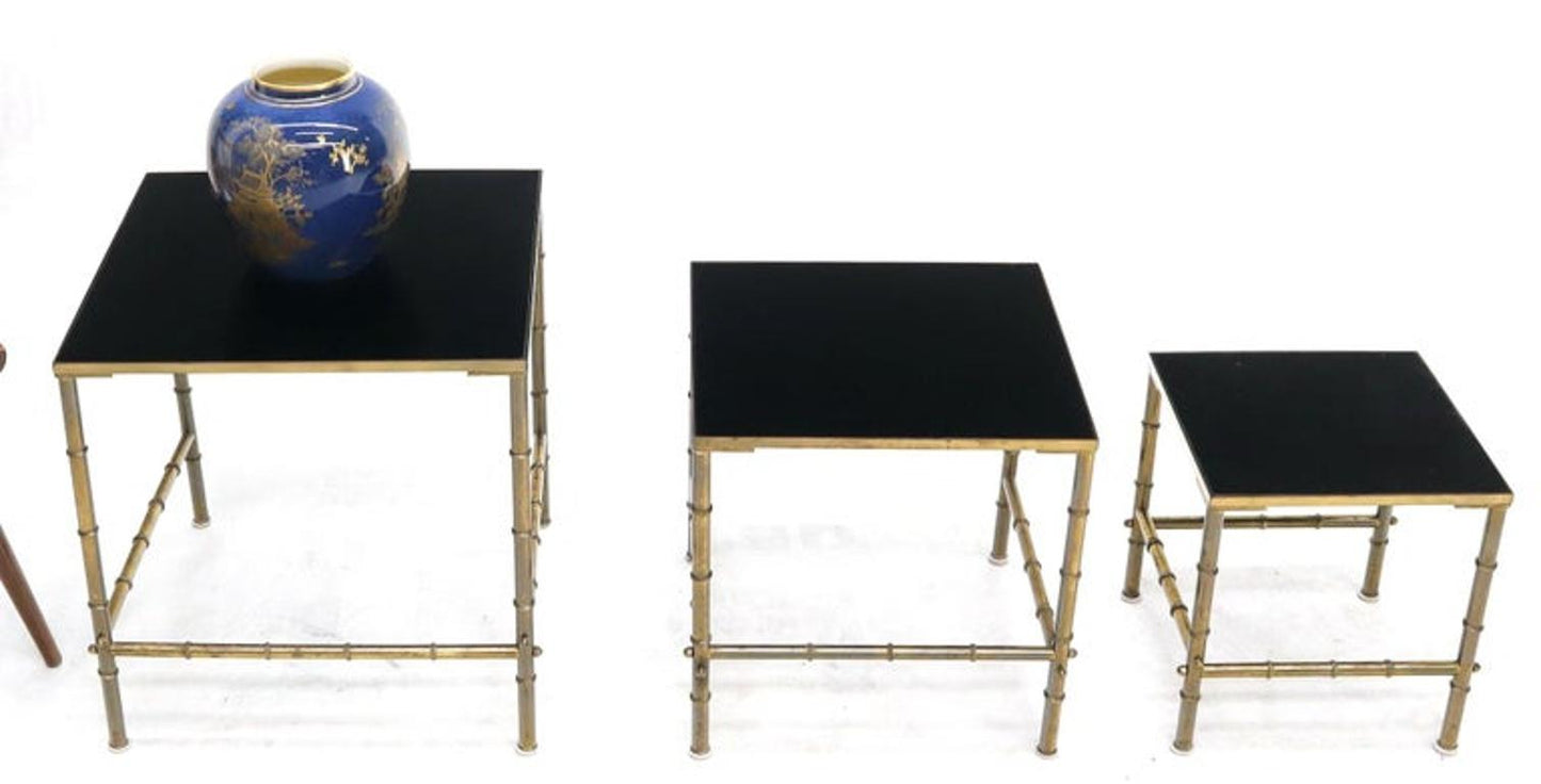 Solid Brass Faux Bamboo Set of 3 Nesting Tables with Black Vitrolite Glass