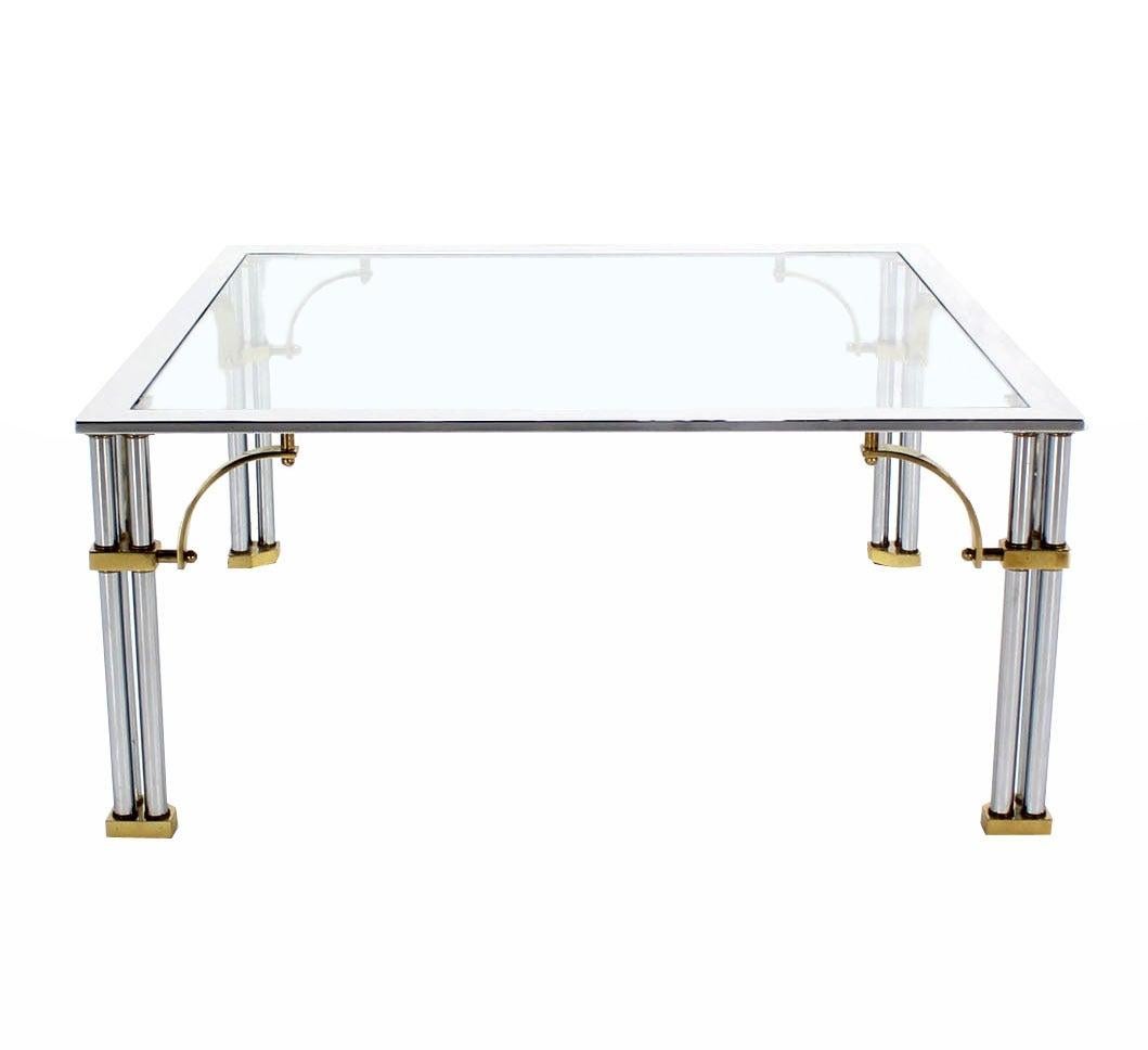 Italian Mid Century Modern Brass Chrome Glass Top Square Coffee Table MINT