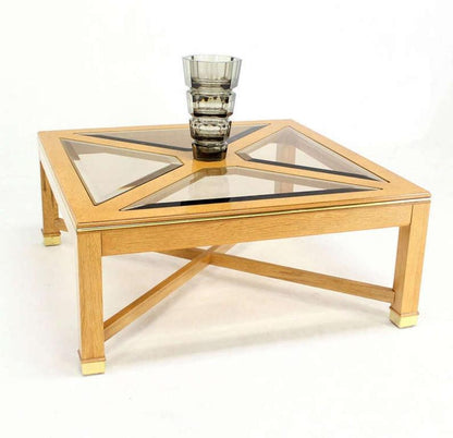 Beveled Smoked Glass Bird's-Eye Maple Brass Square Legs Coffee Table MINT!