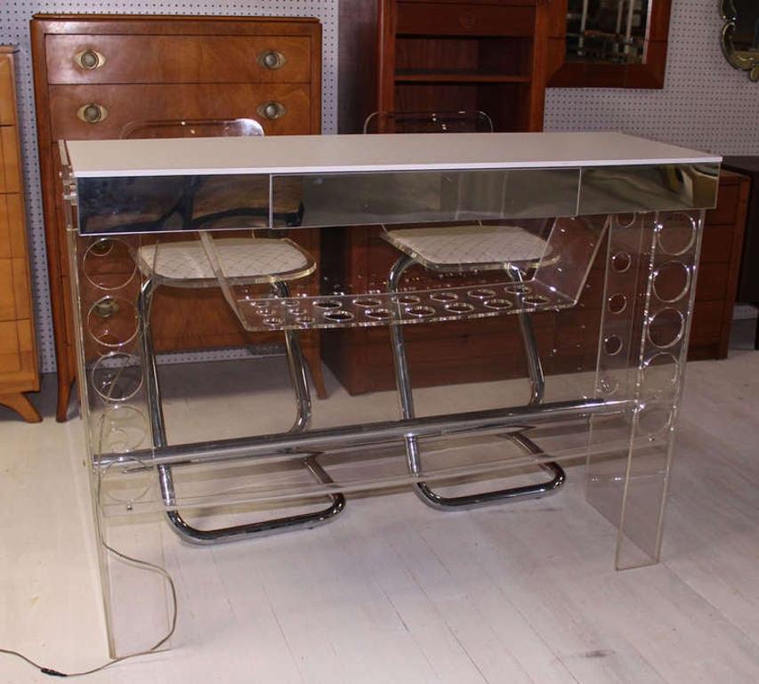 Mid Century Modern Chrome Lucite Bar with Two Bar Stools