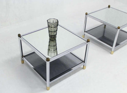 Pair Square Chrome & Brass Smoked Glass Shelf Mirrored Top End Side Tables MINT!