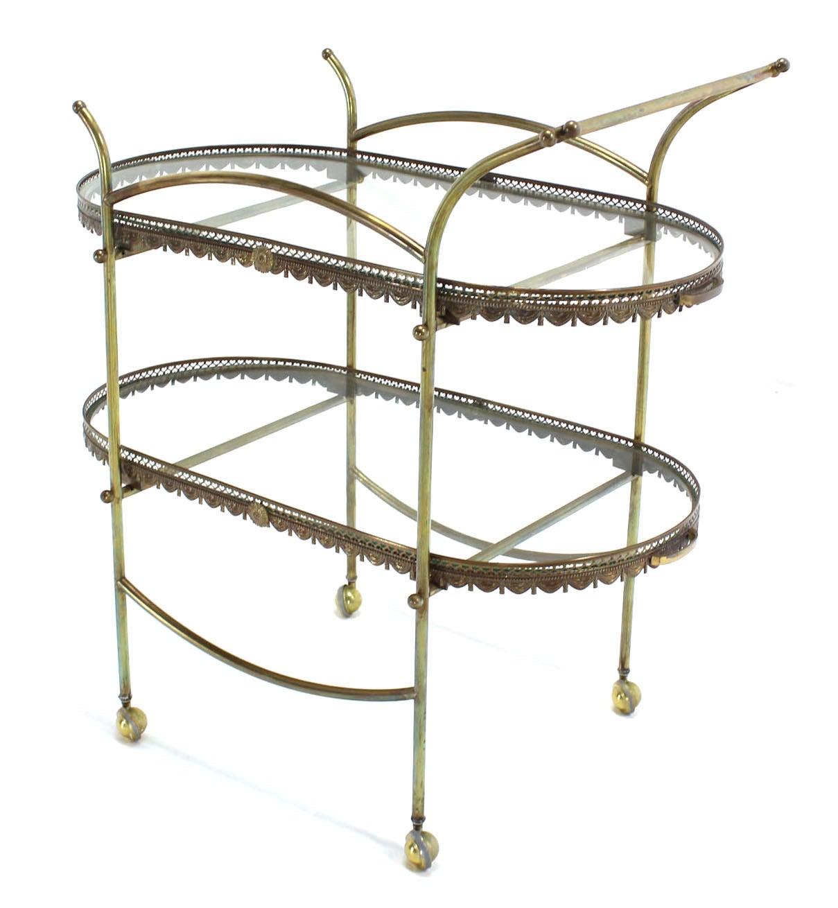 Two Tier Brass & Glass Serving Cart Table with Removable Serving Trays