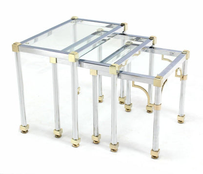 Set of 3  Chrome and Brass Metal Glass Top Nesting Side End Occasional Tables