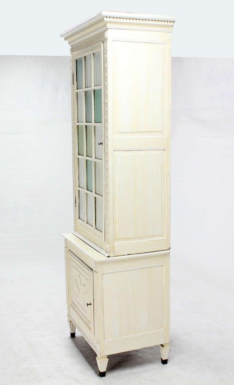 Two Part Step Back Painted White Faux Finish Cupboard Green Blue Glass Vitrine