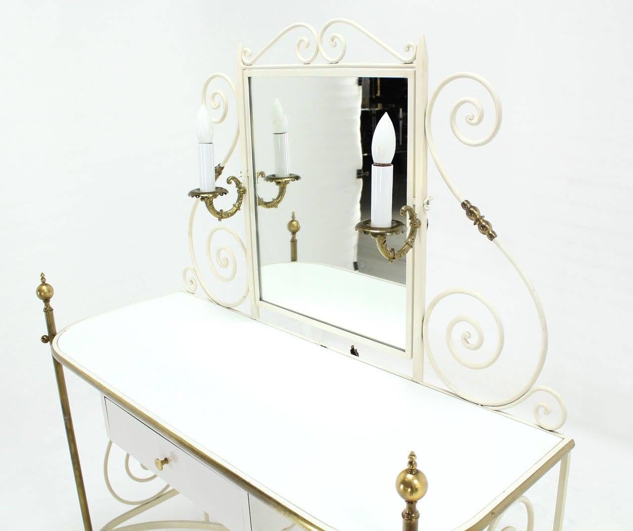 Decorative Vanity Dressing Table Milk Glass Top Metal Scroll Brass Hardware MINT