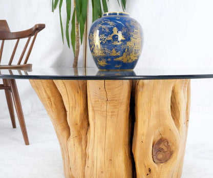 Large Pedestal Natural Blond Wood Tree Stump Base Round Glass Top Coffee Table