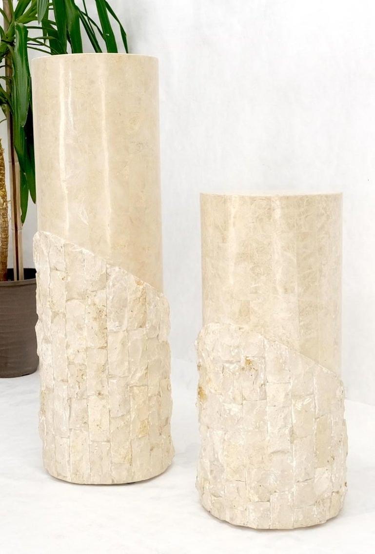 Non Matching Pair of Tessellated & Carved Stone Round Drum Pedestals