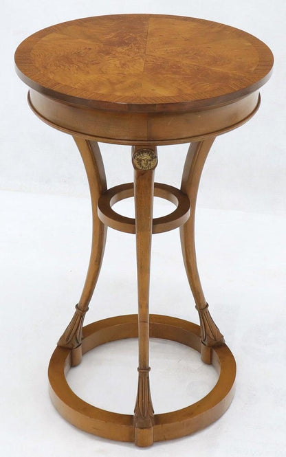 Pair of Tall Round Pedestal Shape Side End Tables on Tri Legged Bases Burl Wood