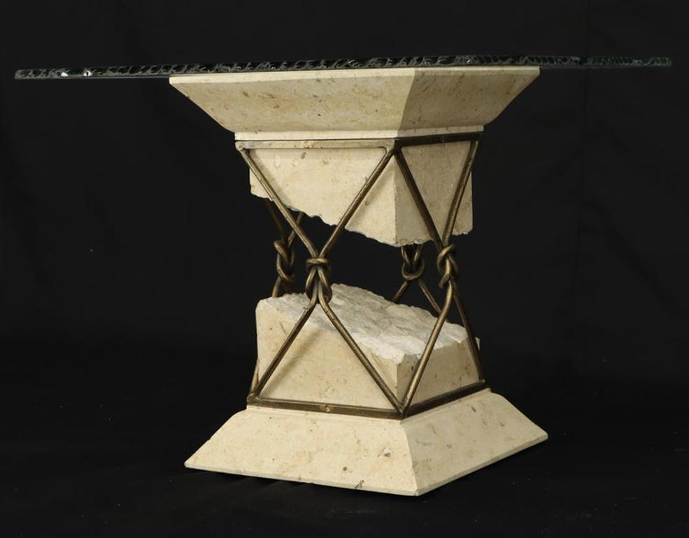 Travertine Stone Wrought Iron Suspended Top Scalloped Glass Coffee Center Table