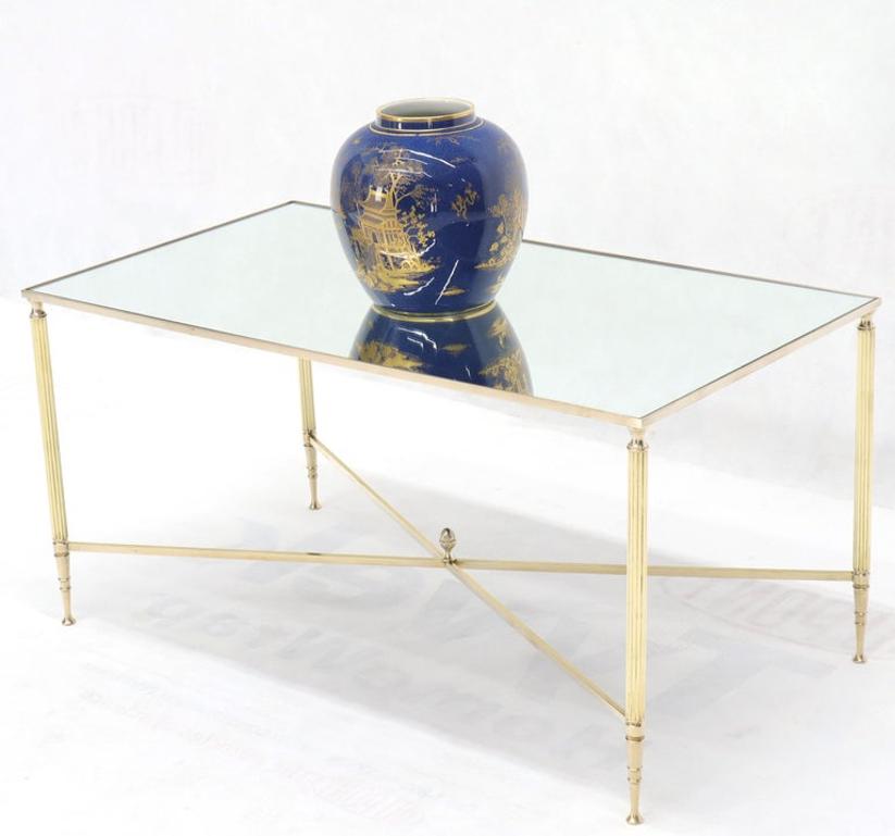 Polished Brass X-Stretcher Base Fluted Legs Mirrored Glass Top Coffee Table