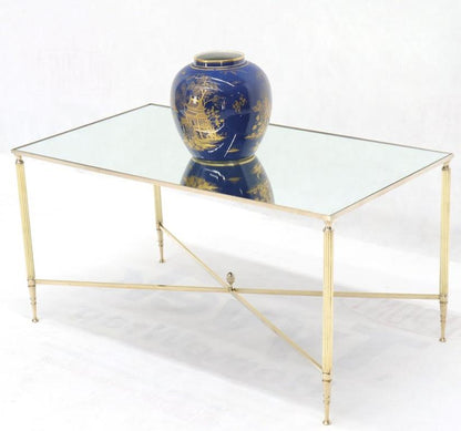 Polished Brass X-Stretcher Base Fluted Legs Mirrored Glass Top Coffee Table