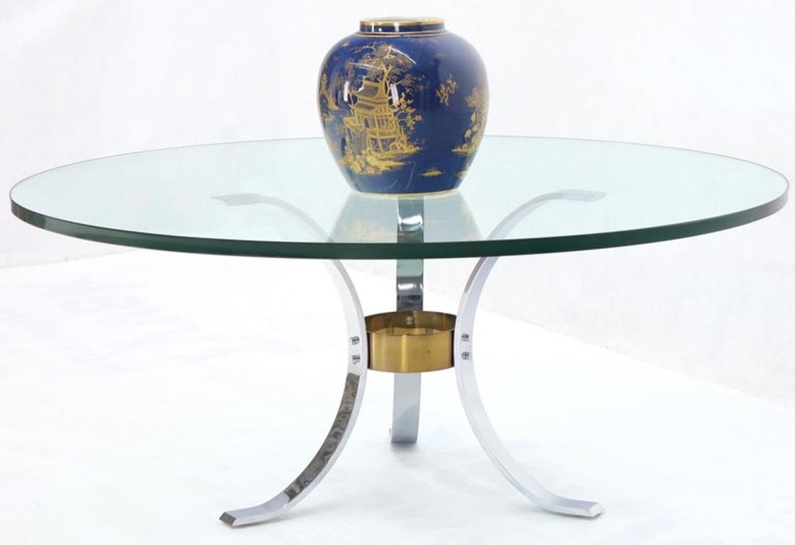 Heavy Thick 3/4" Glass Round Top Chrome & Brass Tripod Base Coffee Table