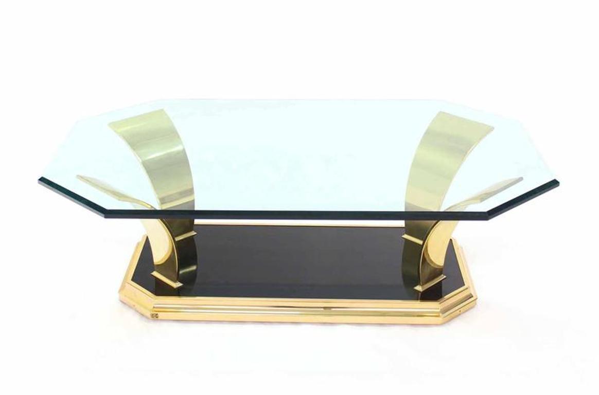 Brass Modern Leaf Motif Base and Glass Top Rectangular Coffee Table