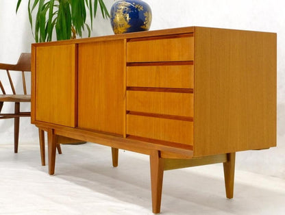 Danish Mid-Century Modern Teak Low 4 Drawers Sliding Doors Compartment Credenza