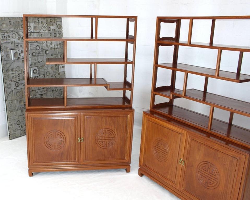 Pair of Asian Solid Teak Étagères Double Carved Doors Cabinets