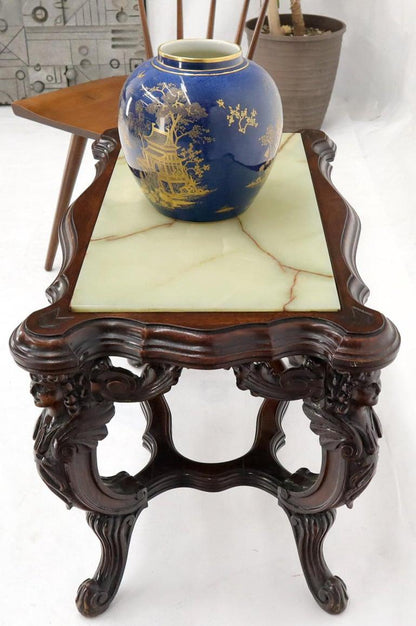 Onyx Marble Top Carved Cherubs Walnut Side End Coffee Table