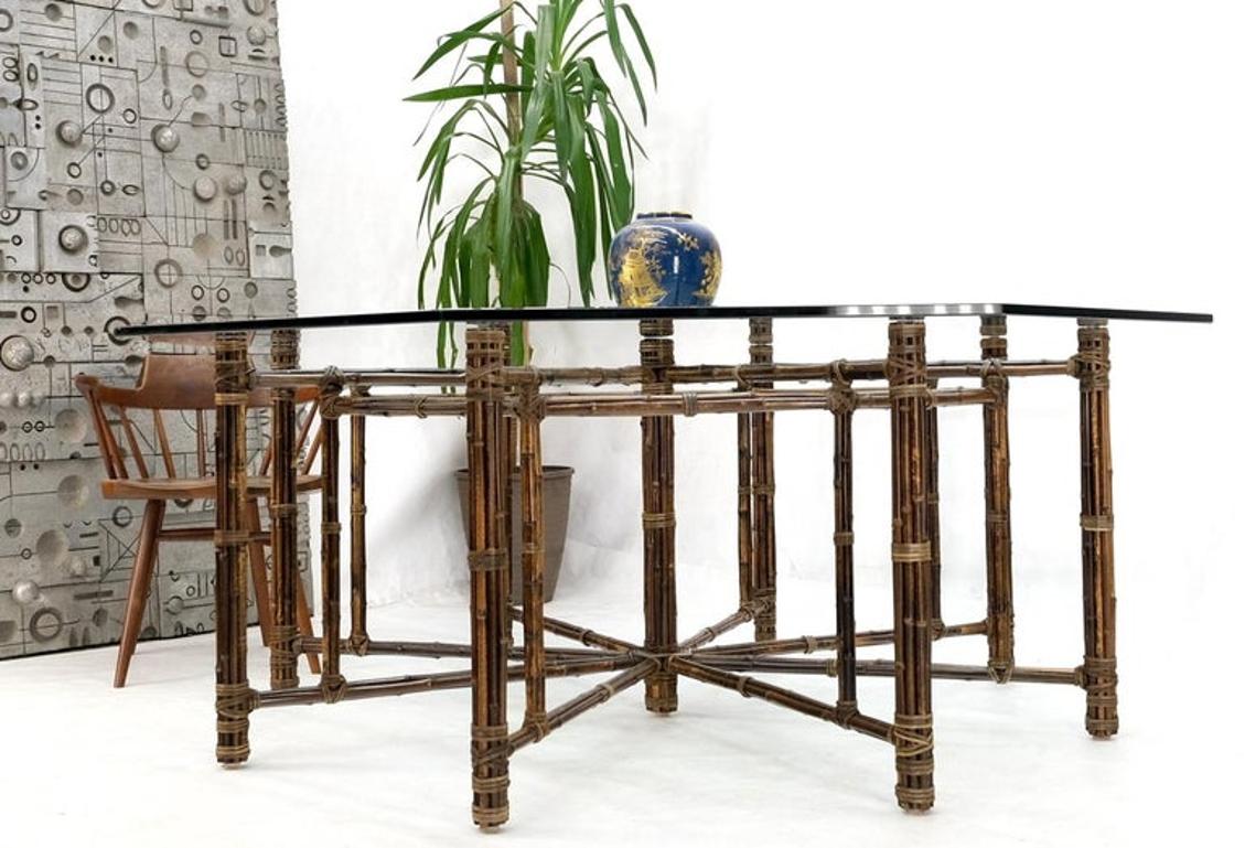 Very Large Octagonal Glass Top Leather Strapped Bamboo McGuire Dining Table