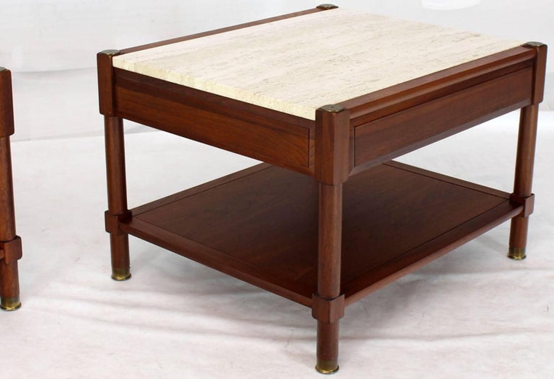 Pair of Travertine Tops One Drawer Oiled Walnut End Side Tables