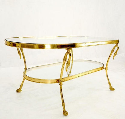 Solid Brass Swan Motive Oval Racetrack Shape Two Tier Coffee Table Mid Century