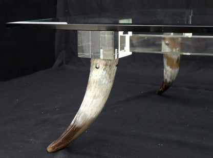 Bull Horns Shaped to Legs Lucite Stretchers Base Square Glass Top Coffee Table