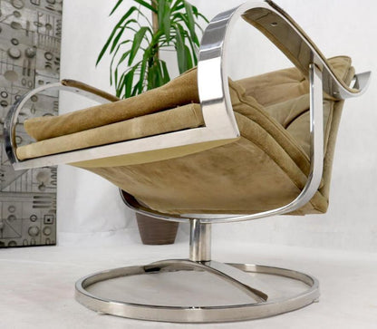 Heavy Gage Polished Stainless Steel Swivel Base Suede Upholstery Lounge Chair