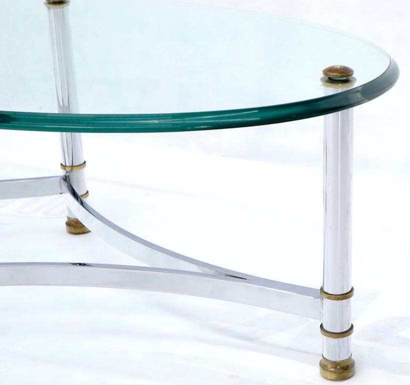 Oval Mid-Century Modern Glass Top Coffee Table on Chrome Frame, Brass Accents