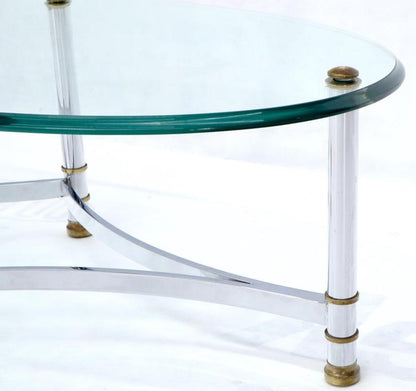 Oval Mid-Century Modern Glass Top Coffee Table on Chrome Frame, Brass Accents