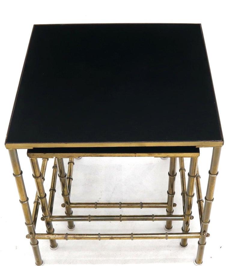 Solid Brass Faux Bamboo Set of 3 Nesting Tables with Black Vitrolite Glass