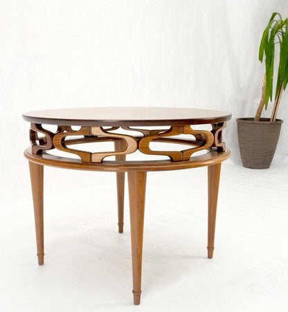 Pierced Caved Ornament Round Walnut Banded Mid-Century Modern Side End Table