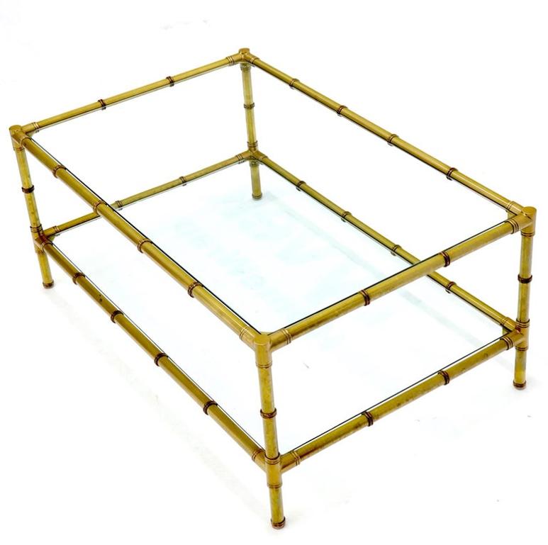 Italian Mid-Century Modern Faux Bamboo Machined Brass Rectangle Two-Tier Coffee