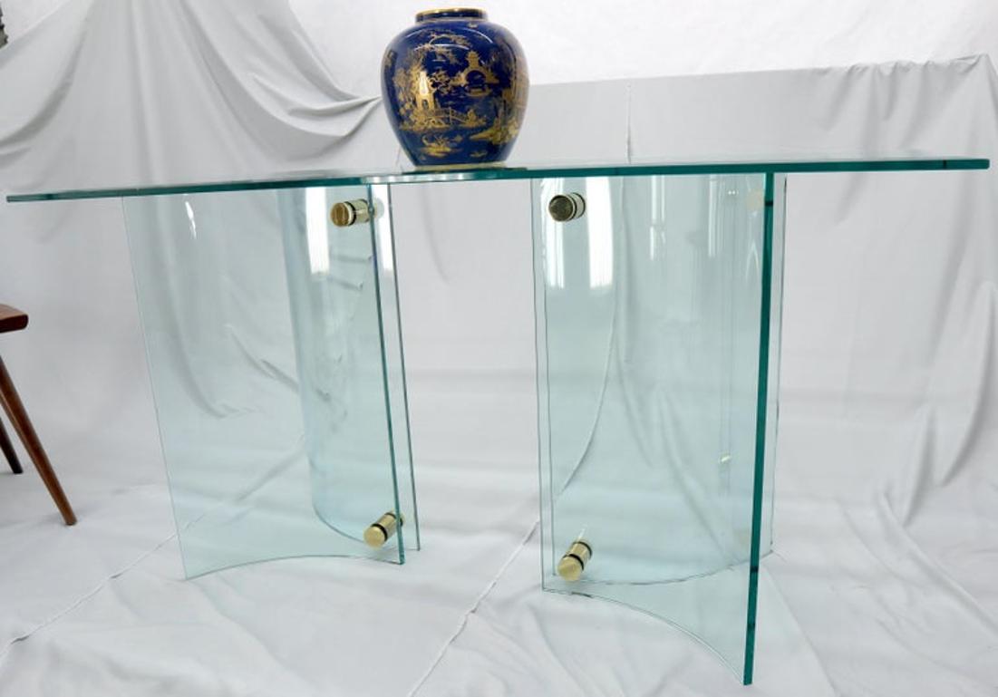 Curved Glass Base Glass Top Brass Stretchers Console Table