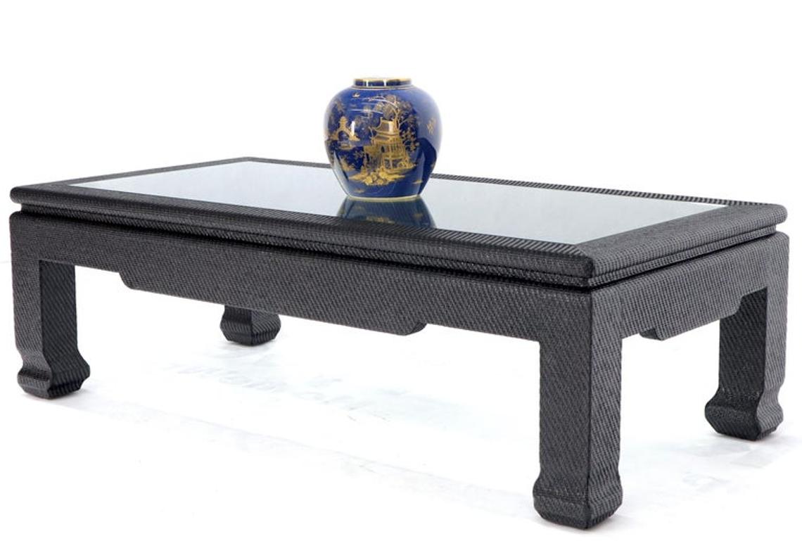 Raffia Cloth Covered Rectangular Glass Top Coffee Table Black